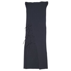 Beige Botany Black Ribbed Stretch Knit Midi Skirt w/ Lace-Up Slit - Size S